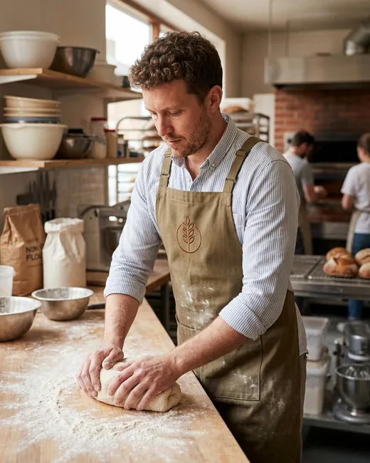 Baker in a cross-back bib apron kneading dough on a floured bench