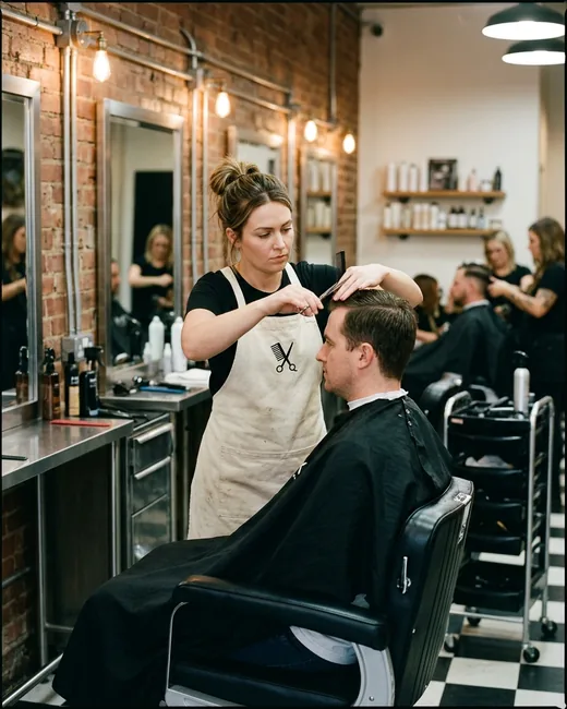 Stylist in a stylist bib apron cutting a client's hair