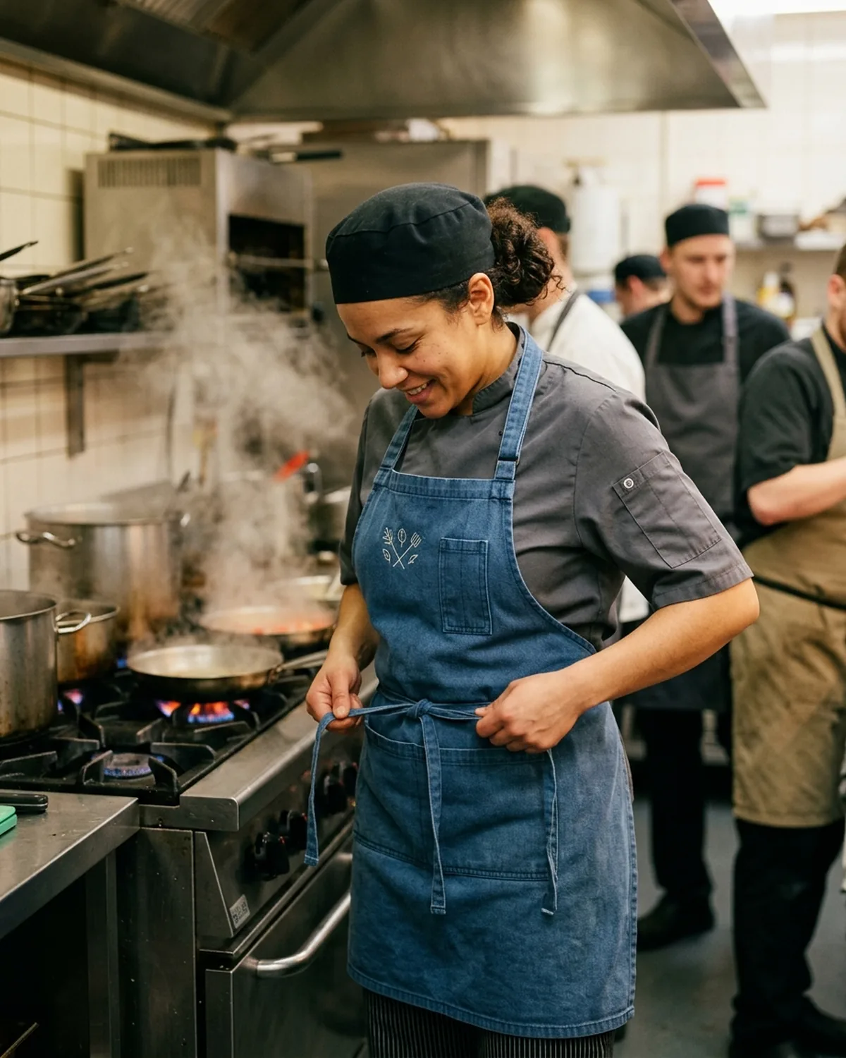 Line cook tying a full bib apron tight at the start of service, burners lit behind