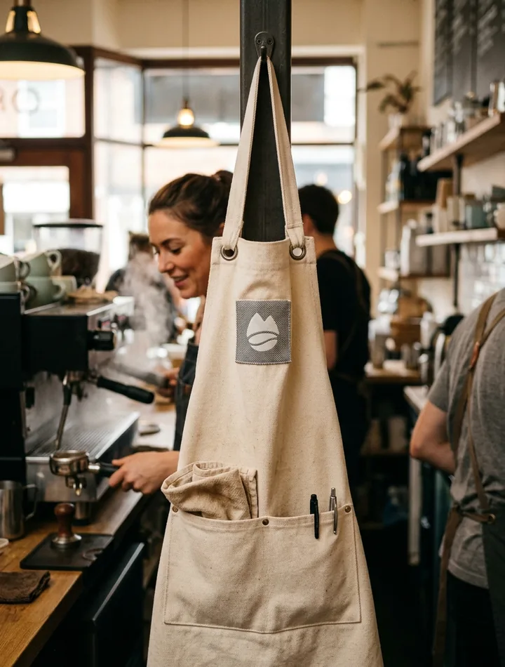 Canvas apron hanging on a hook behind a coffee bar