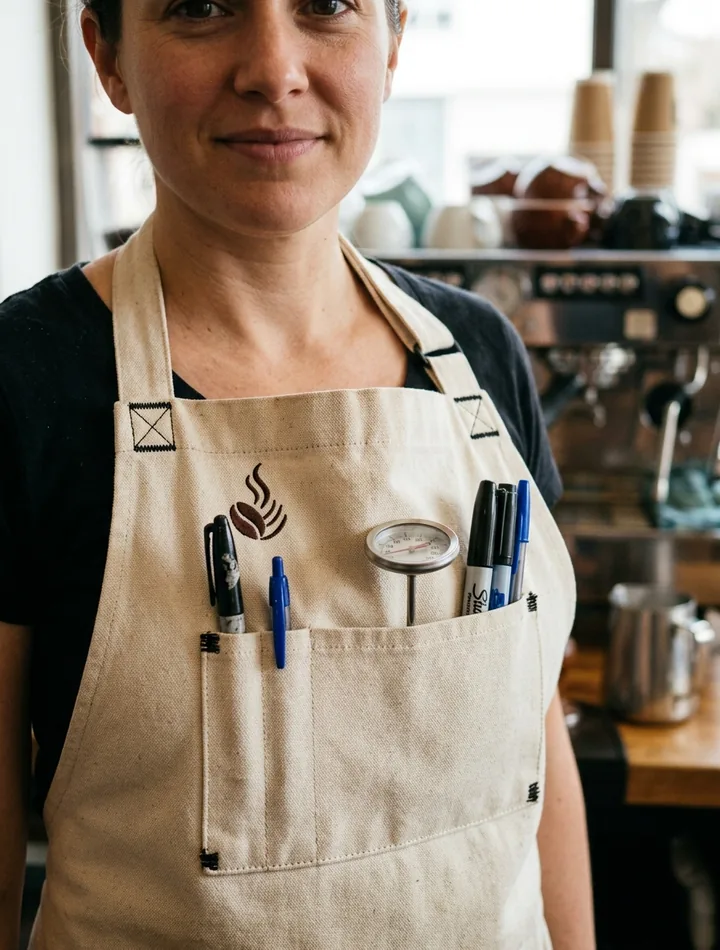 Apron chest pocket with a pen slot, thermometer and markers in a divided front pocket