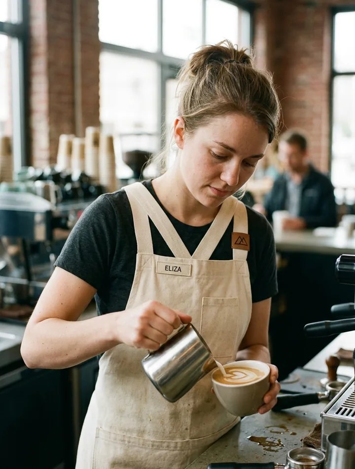 Barista bending over latte art with cross-back apron straps across the shoulders