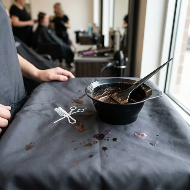 Hair dye bowl and brush resting on apron fabric