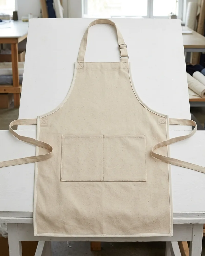 Flat-lay of a full bib apron showing the neck strap slider, box-X strap joins, divided pockets, bound edges and waist ties