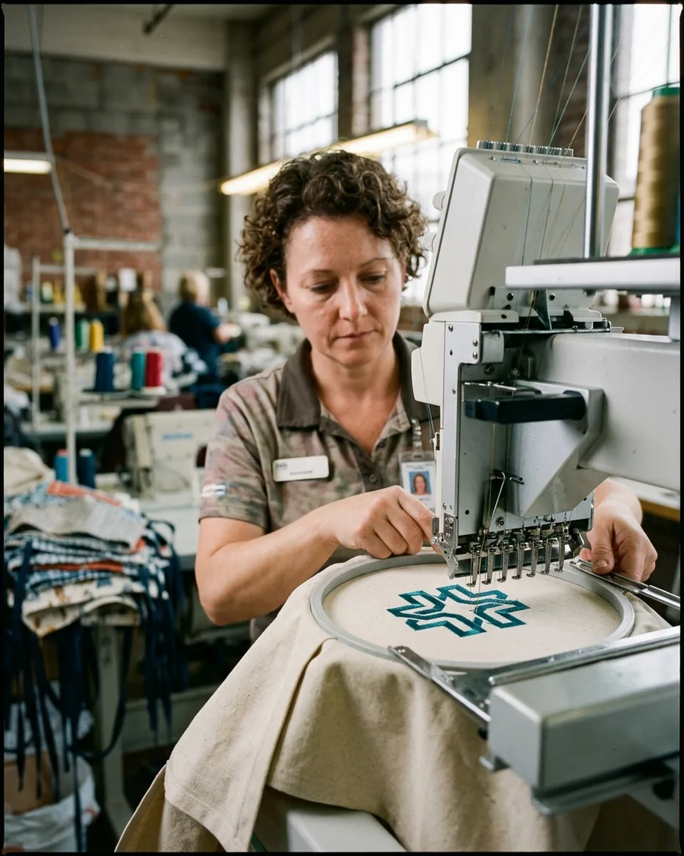 Embroidery head stitching a logo onto the chest of a canvas bib apron