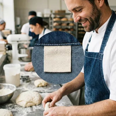 Woven neck label sewn into an apron