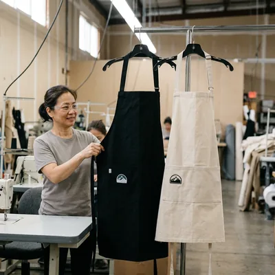 Extended-length bib apron beside a standard one