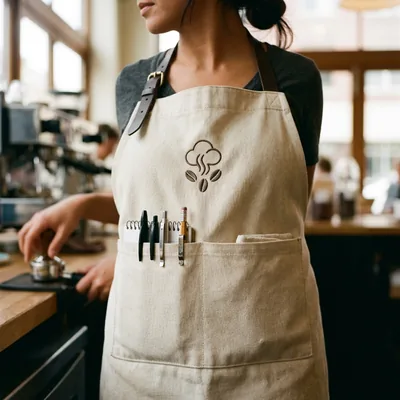Divided apron front pocket close-up