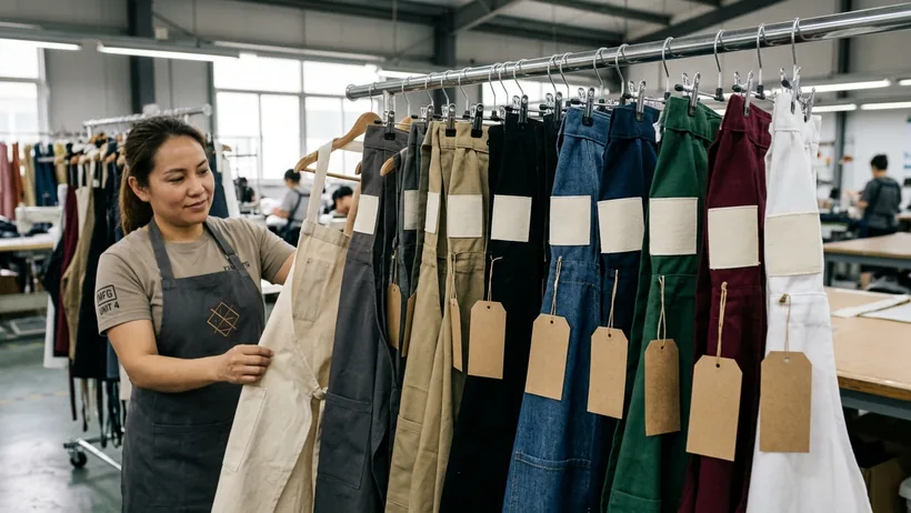 Private label aprons on a rail with blank woven labels