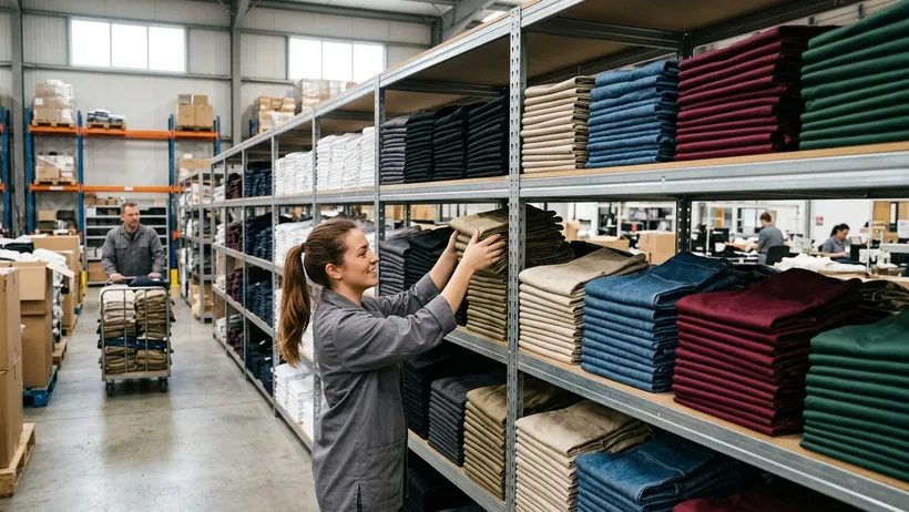 Shelves of stock aprons folded by colour