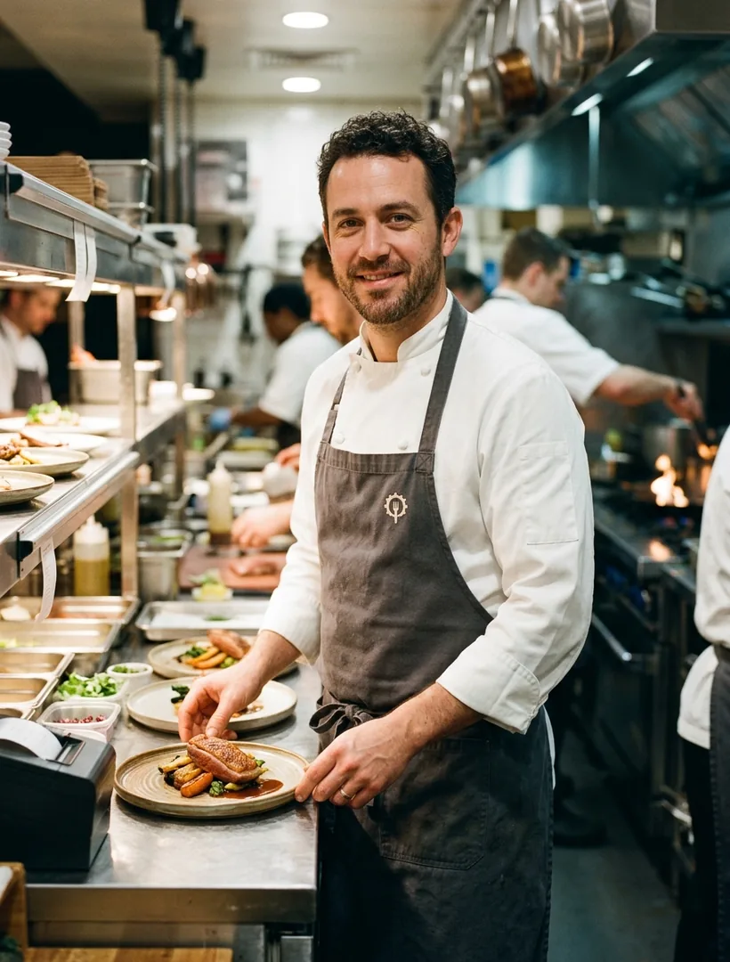 Chef in a chef coat and bib apron at the pass