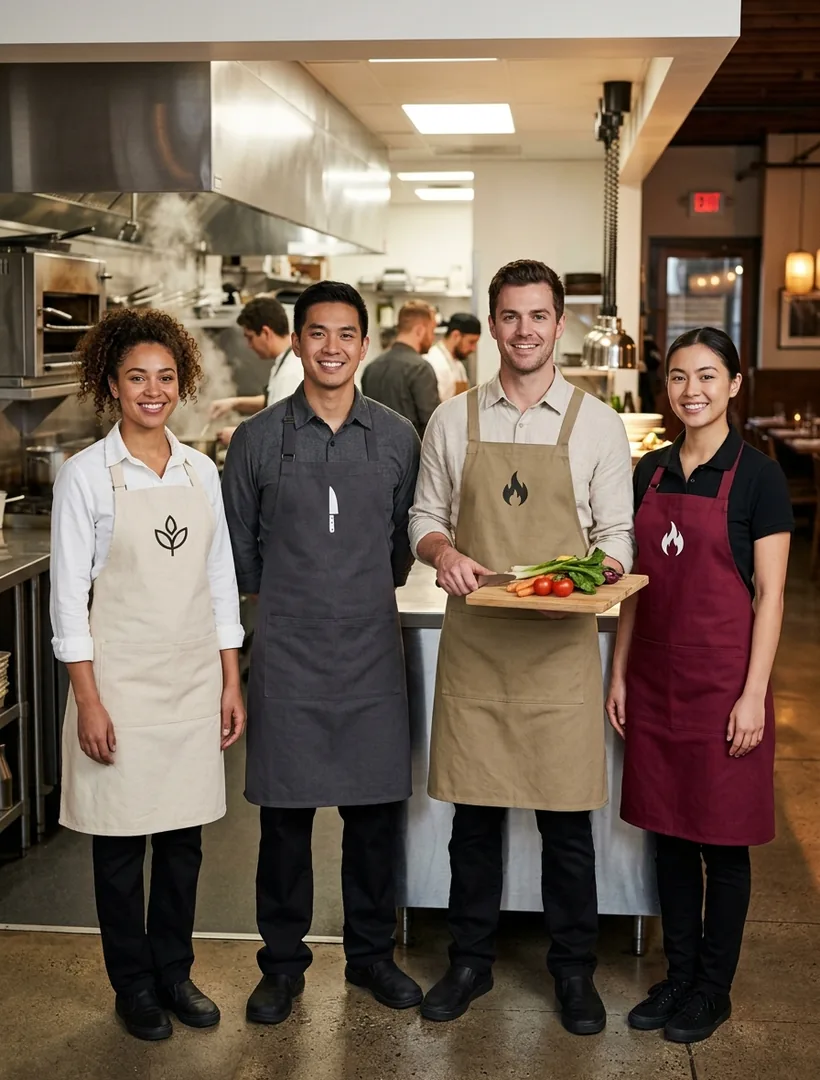 Restaurant front-of-house and kitchen team in one matching uniform set