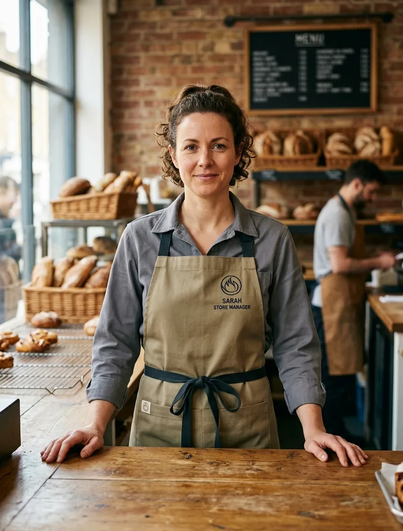 Store manager in a work shirt with a short waist apron