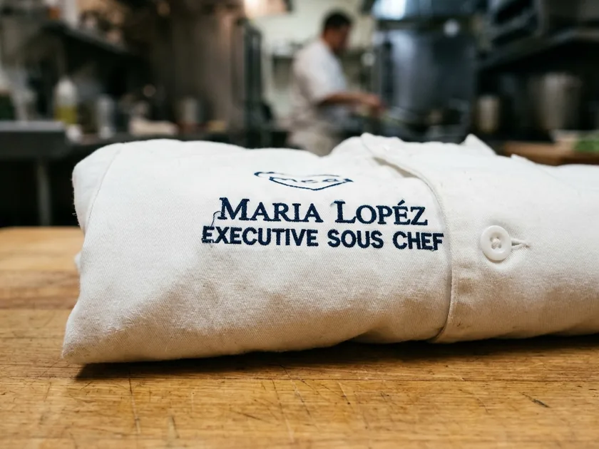 Embroidered name on the chest of a worn chef coat ready to post
