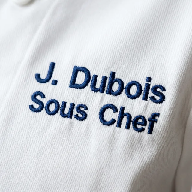 Close-up of a chef's name and title embroidered in navy satin stitch on white twill