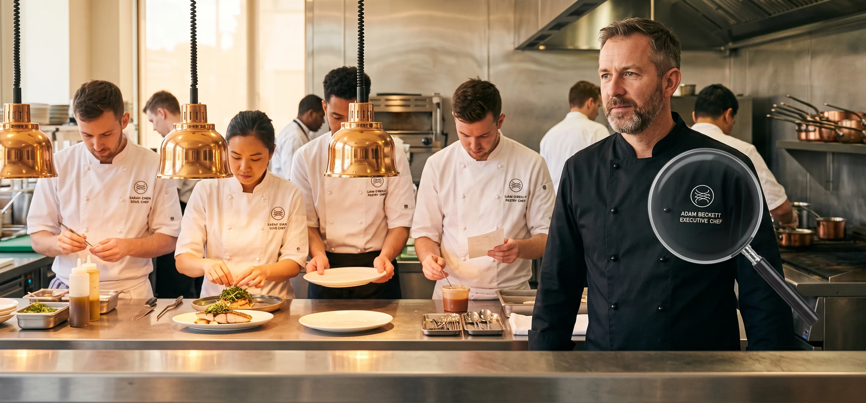 Chefs in white double-breasted coats plating at the pass under heat lamps, the head chef in a black executive coat