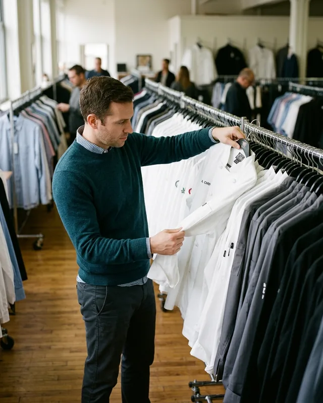 Uniform distributor's showroom rail of private label chef coats in white, black and grey