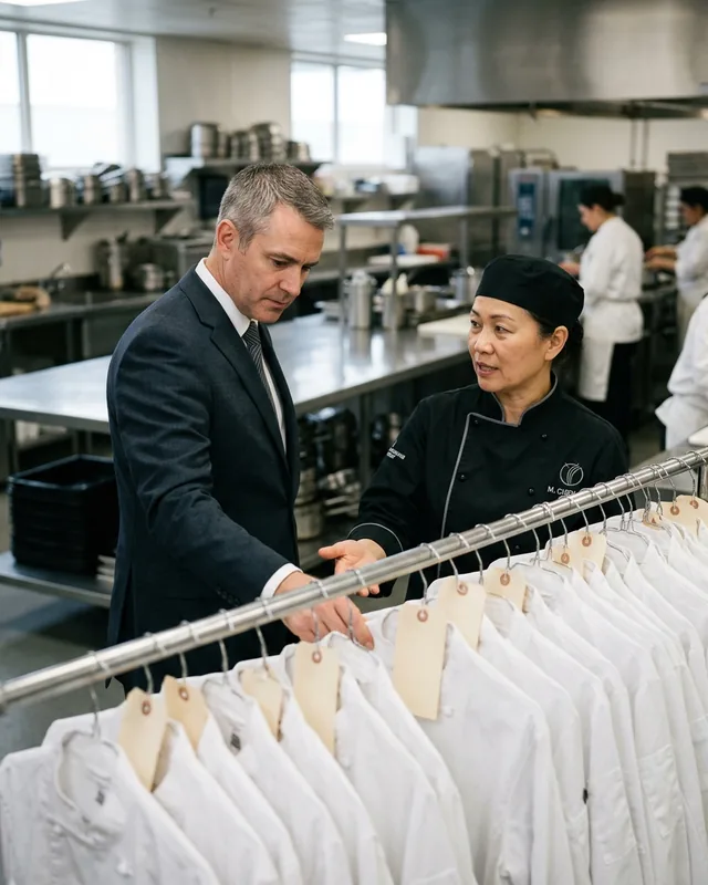 Hotel F&B manager and head chef checking a rail of chef coats sorted by kitchen