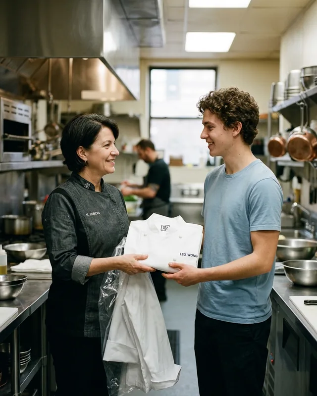 Executive chef handing a folded named chef coat to a new cook in a restaurant kitchen