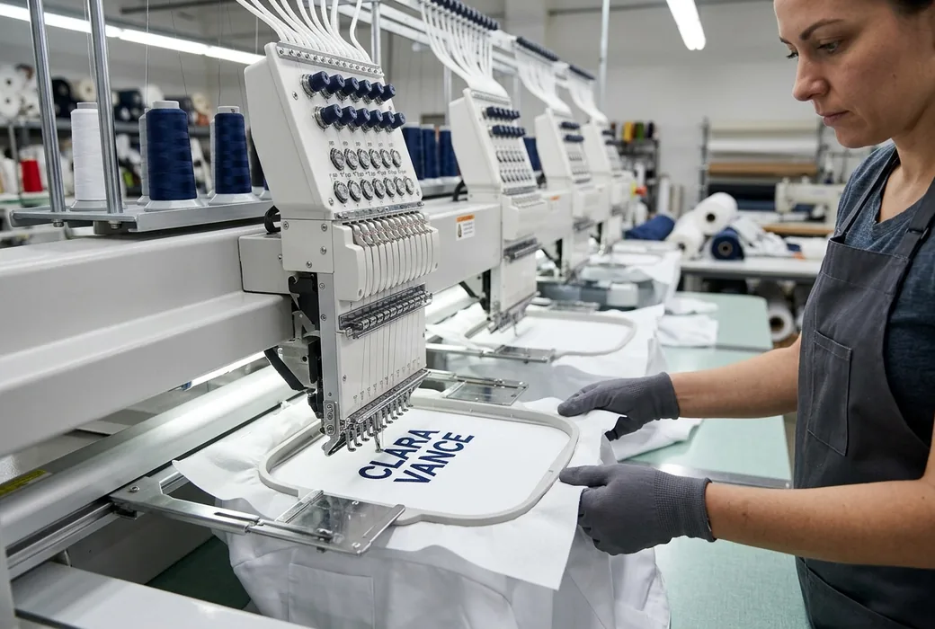 Embroidery head stitching a chef's name on a cut chef coat front panel held in a hoop