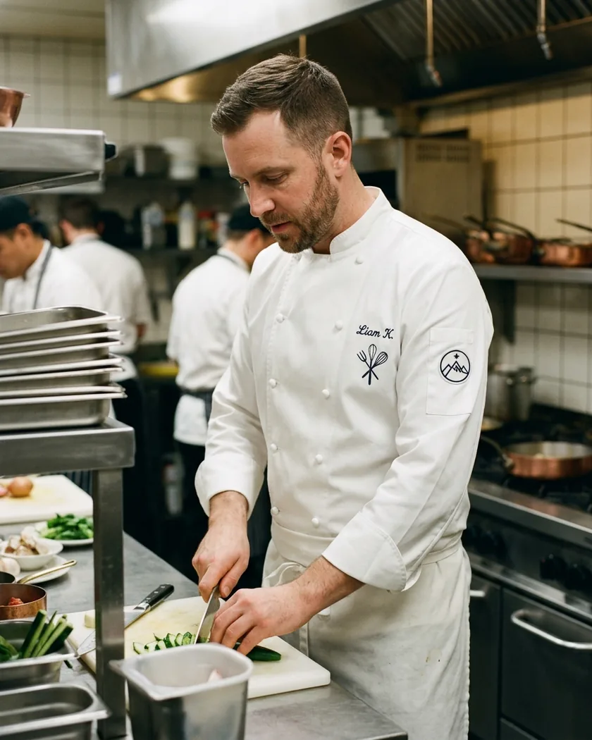 Cook in a classic white double-breasted chef coat at the prep bench