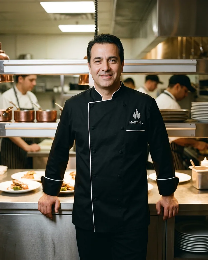 Head chef in a black executive chef coat with contrast piping