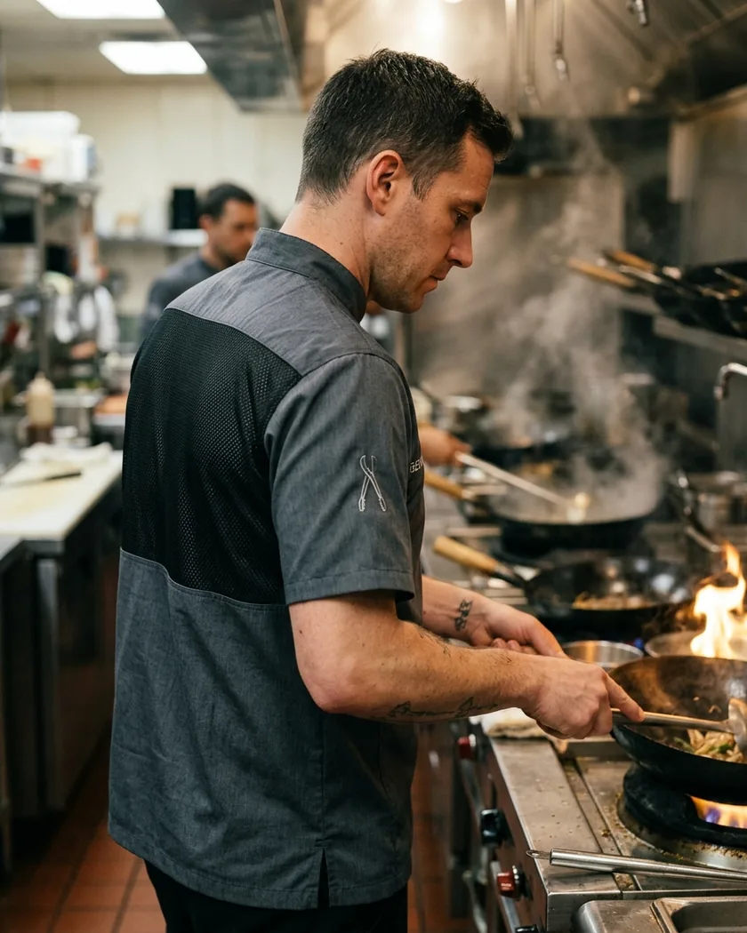 Cook in a lightweight chef shirt with a mesh back at a wok station