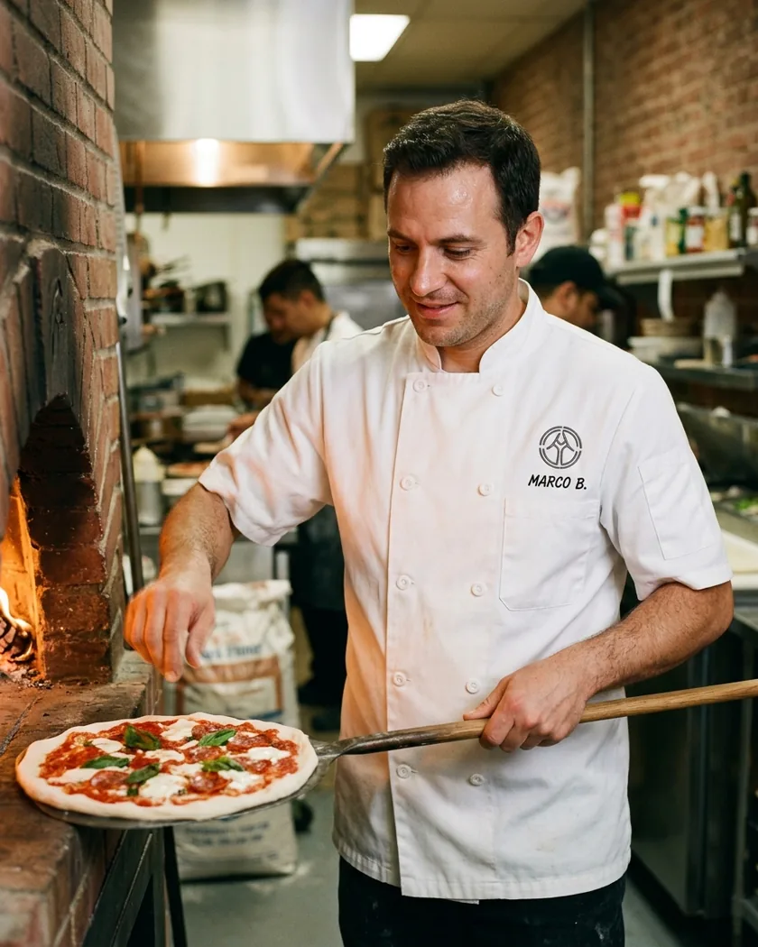 Pizza chef in a short-sleeve chef coat in front of a pizza oven