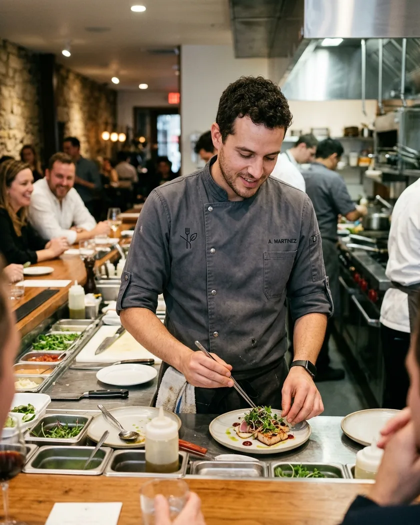 Chef in a single-breasted snap-front coat at an open counter
