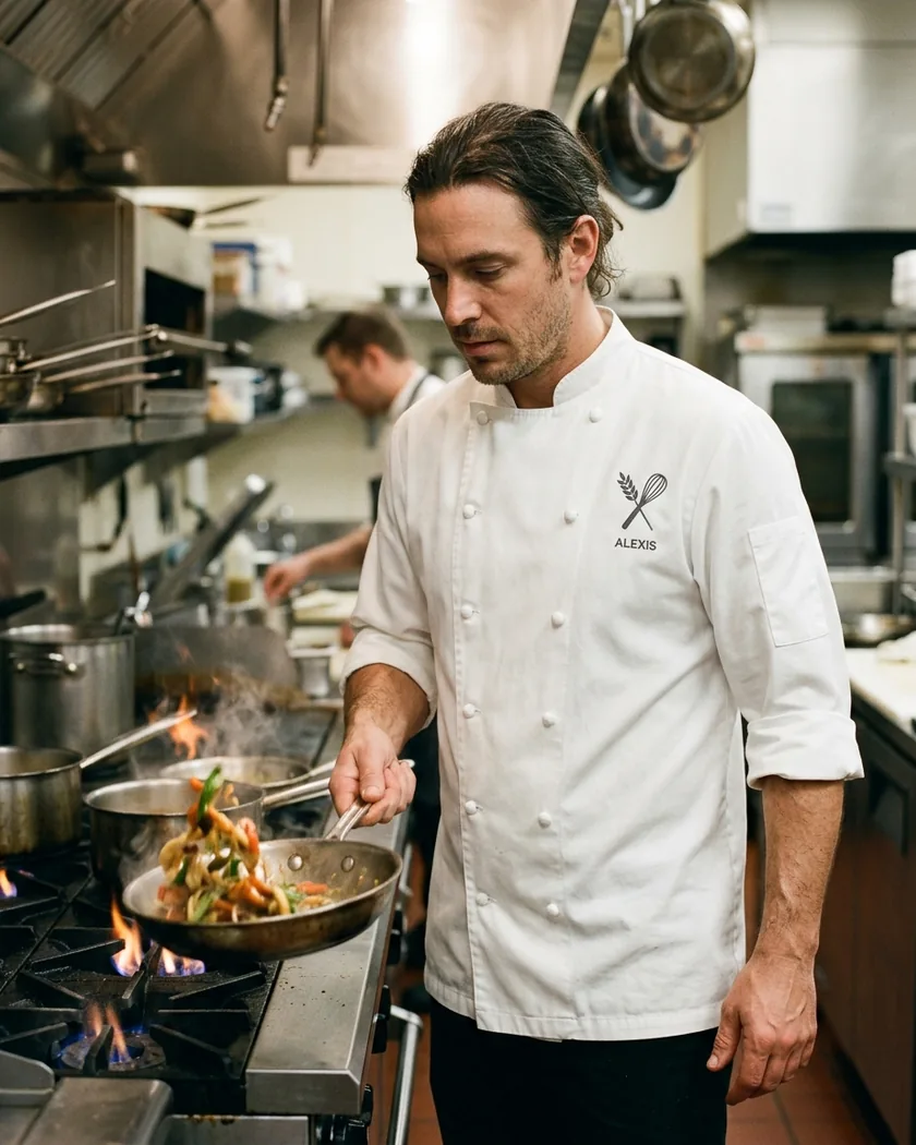 Cook in a 3/4-sleeve double-breasted chef coat tossing a pan at the range