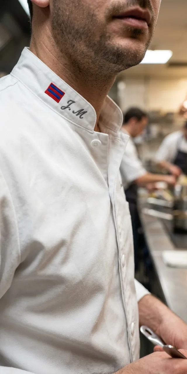 Small flag and initials embroidered on a chef coat stand collar