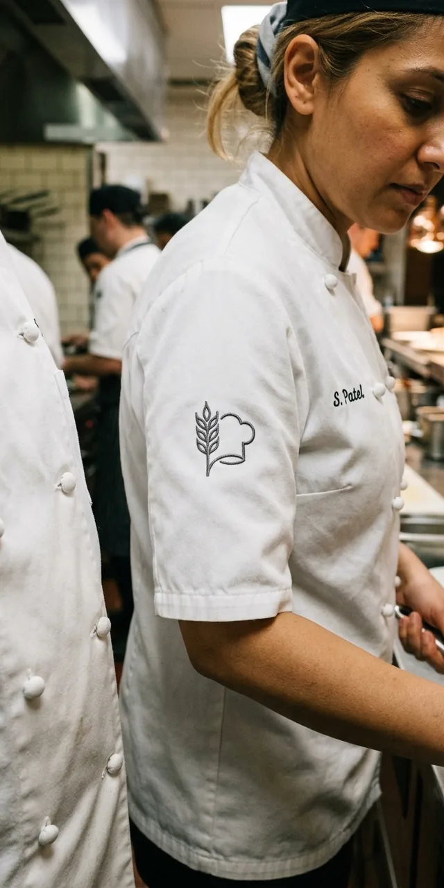 Embroidered logo on the upper sleeve of a white chef coat