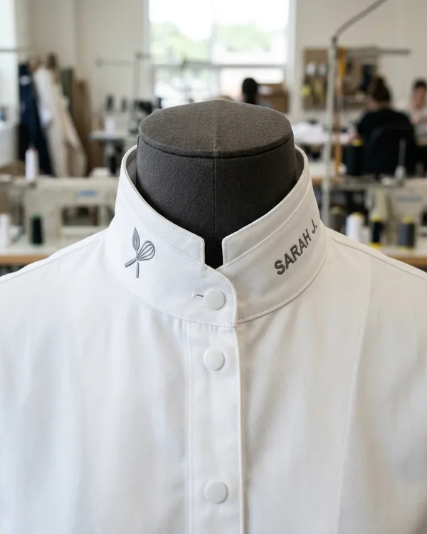 Interfaced stand collar of a white chef coat standing upright