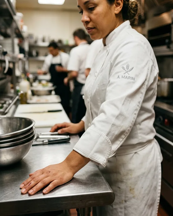 Turn-back cuff of a chef coat stitched down