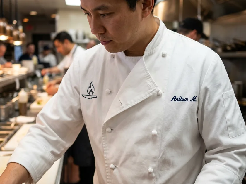 Two rows of cloth knot buttons on a double-breasted chef coat