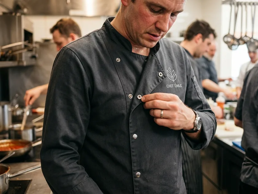 Stainless steel snaps on a single-breasted chef coat