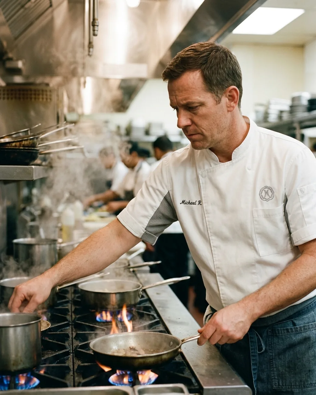 Cook in a short-sleeve chef coat with an underarm mesh panel at a hot range
