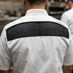 Mesh back yoke on a chef coat
