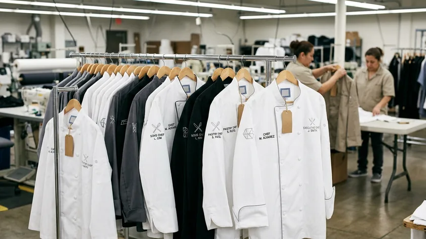 Private label chef coats with hang tags and woven labels