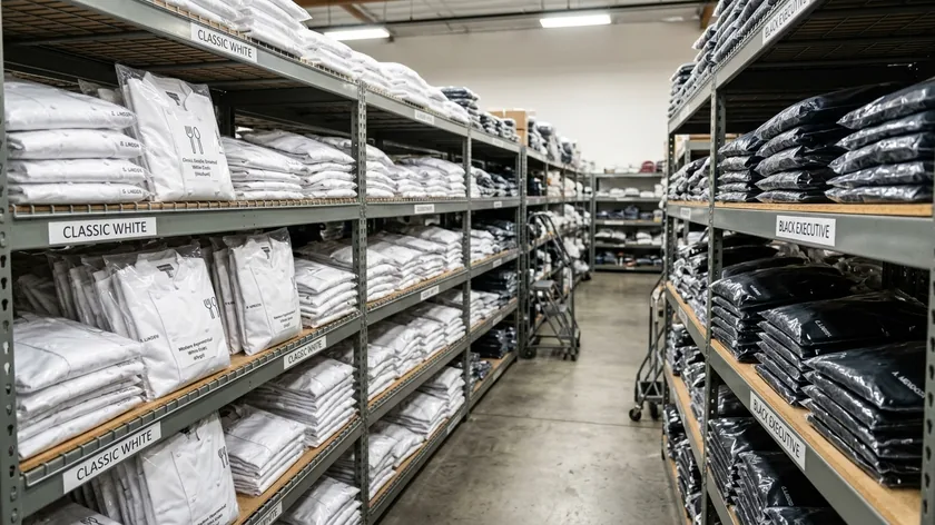Shelves of folded white chef coats sorted by style