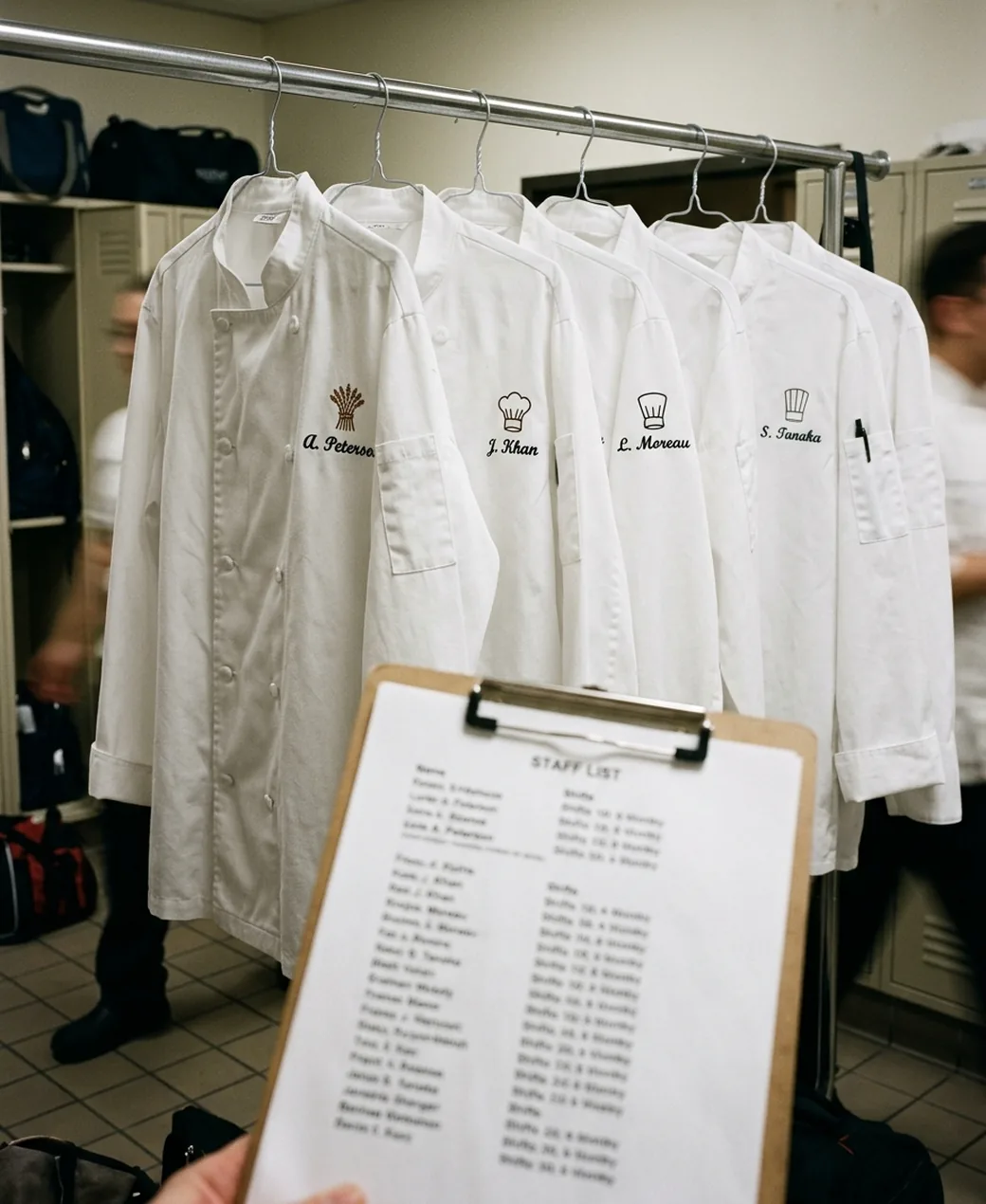Rail of named chef coats with a printed staff list clipped to a board