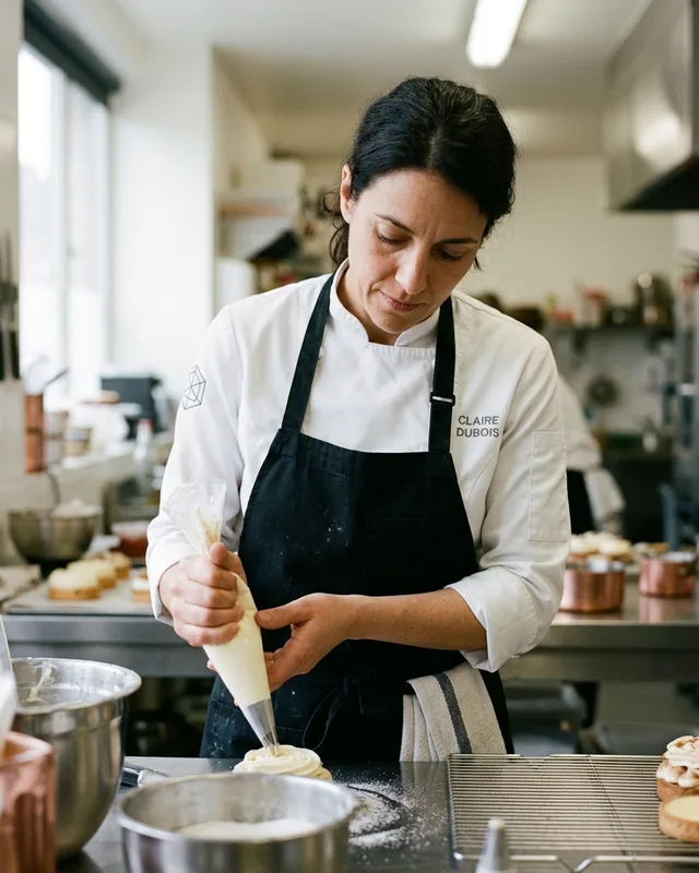 Pastry chef wearing an apron over a chef coat