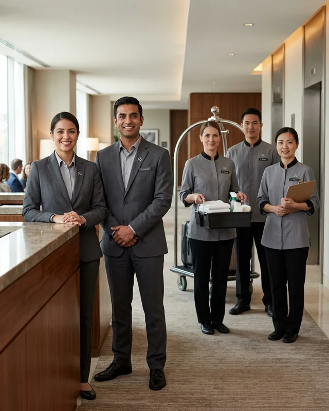 Hotel front desk and housekeeping staff in uniform