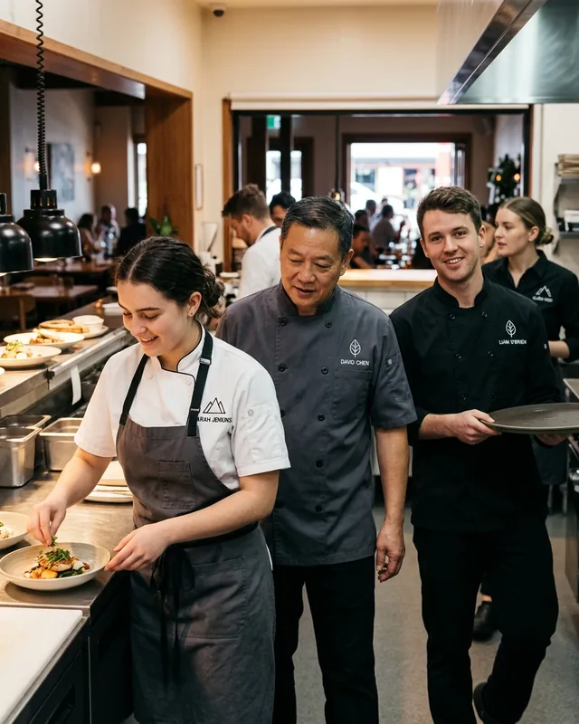 Restaurant kitchen and floor staff in matching uniforms