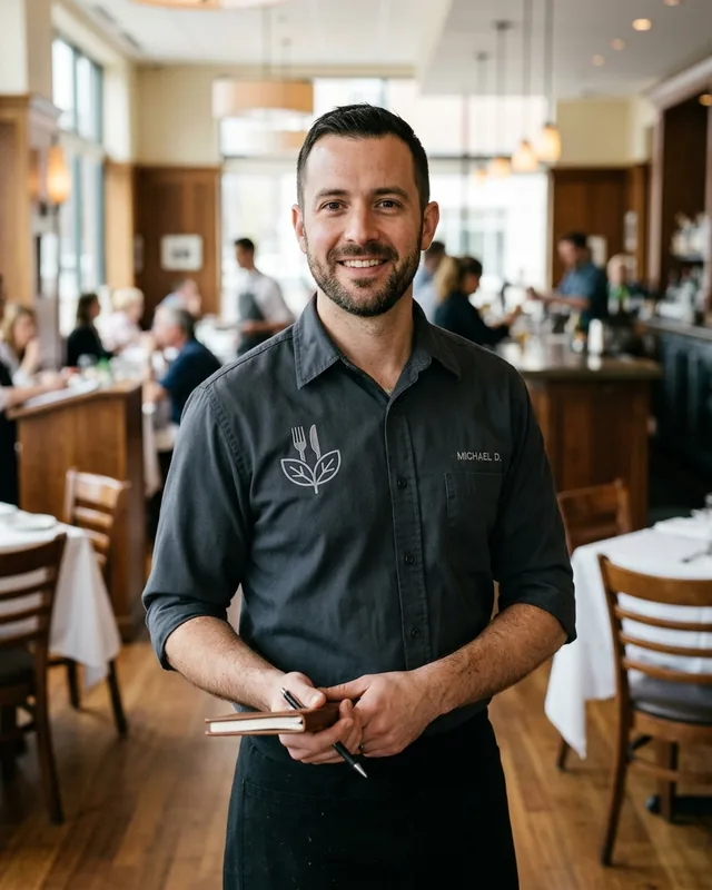 Front-of-house manager in a logo work shirt