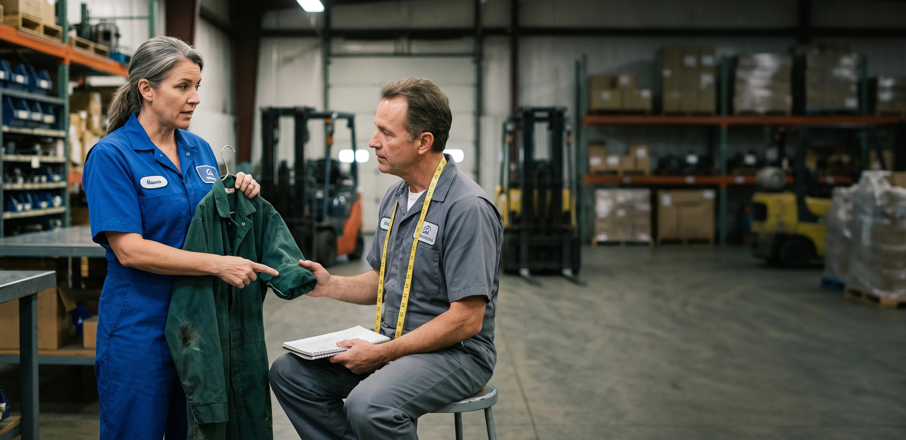 Site supervisor showing a pattern maker the worn, short cuffs of an old coverall