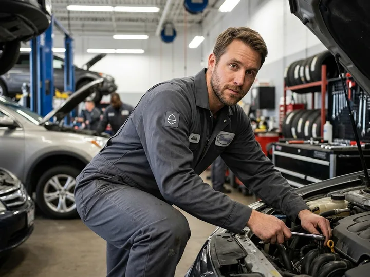 Automotive technician in a charcoal coverall in a repair shop