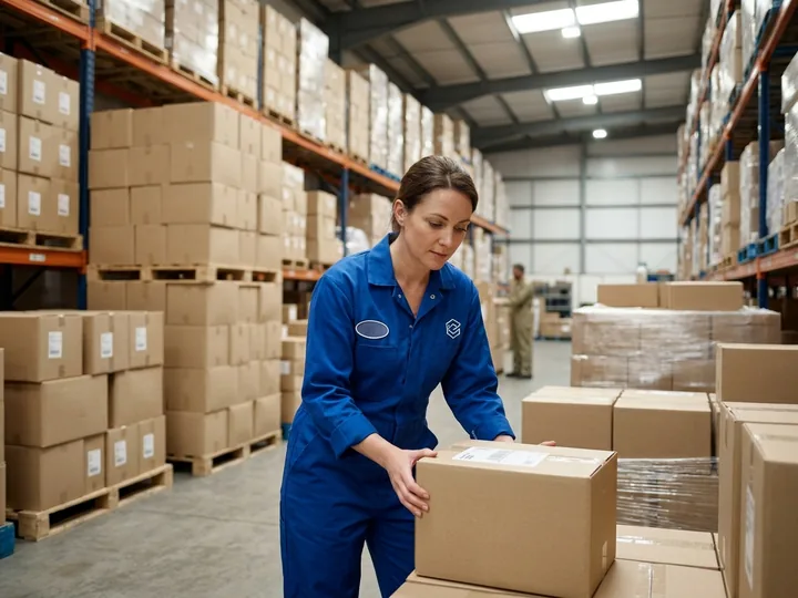 Distributor warehouse with neutral cartons of workwear on pallets