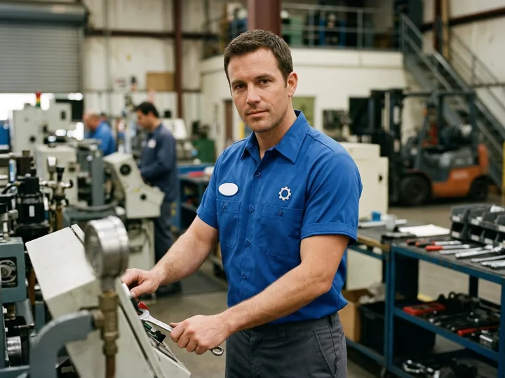 Maintenance worker in a button-front work shirt with an embroidered chest logo
