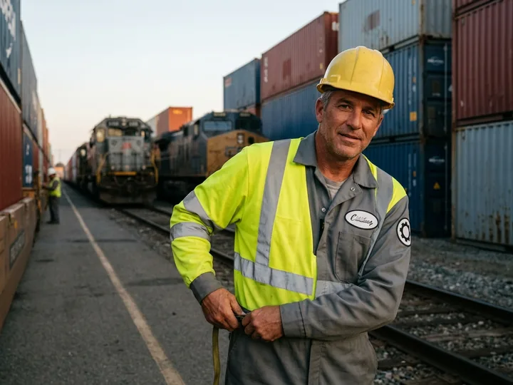 Yard worker in a hi-vis safety vest over a coverall at a freight yard